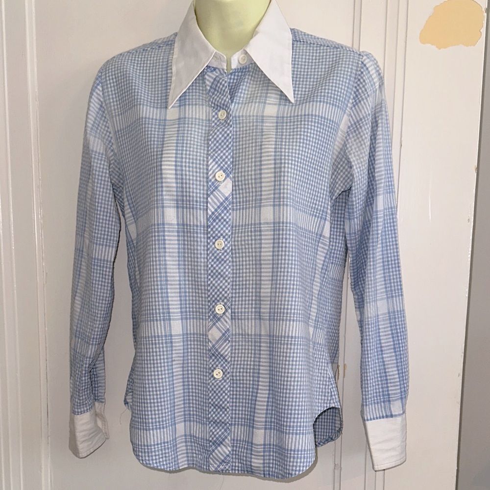 Vtg 70s Langtry Ltd Blue & White Checked Long Sleeve Shirt -White Collar/Cuffs
